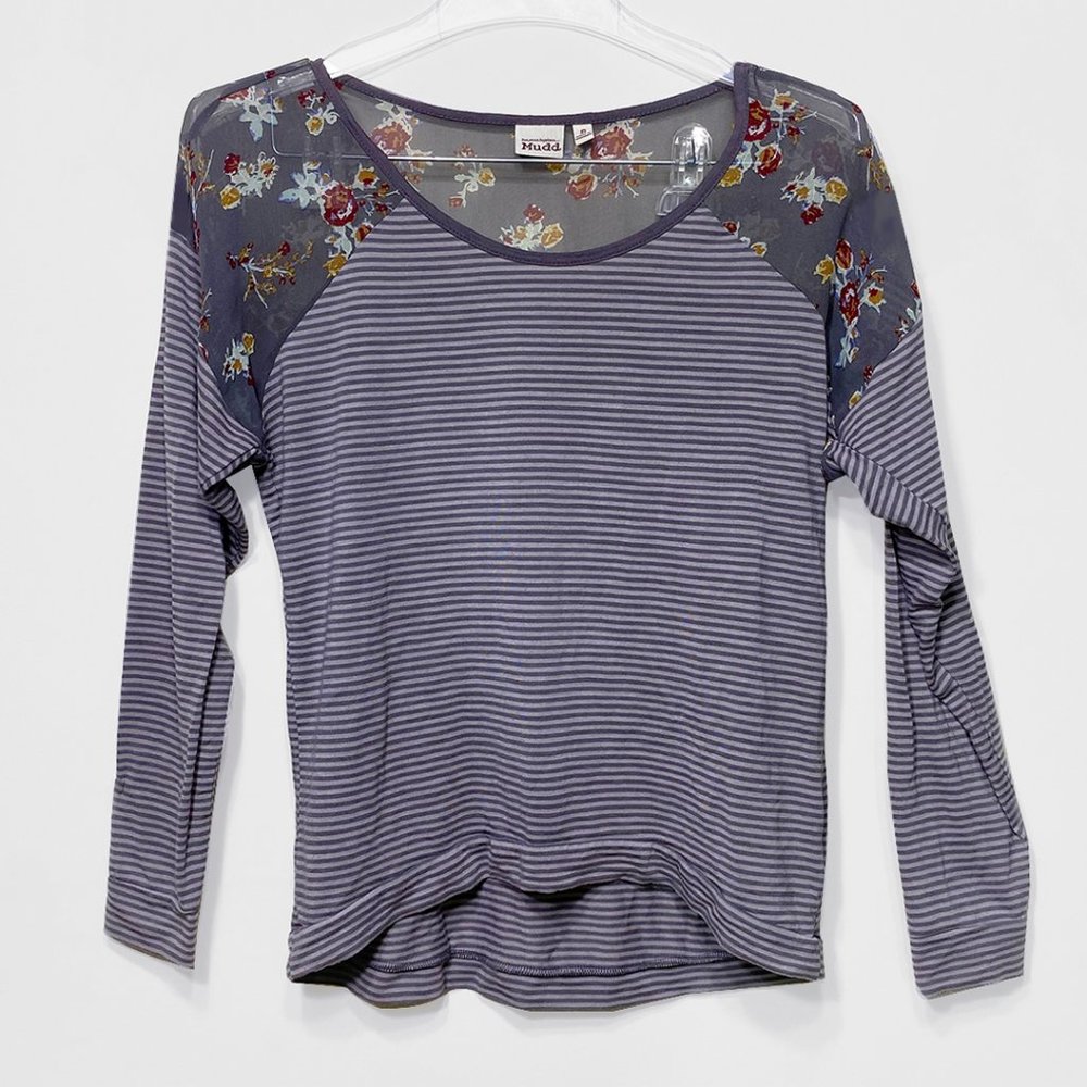 Grey Striped Floral Long Sleeve Shirt by Mudd
